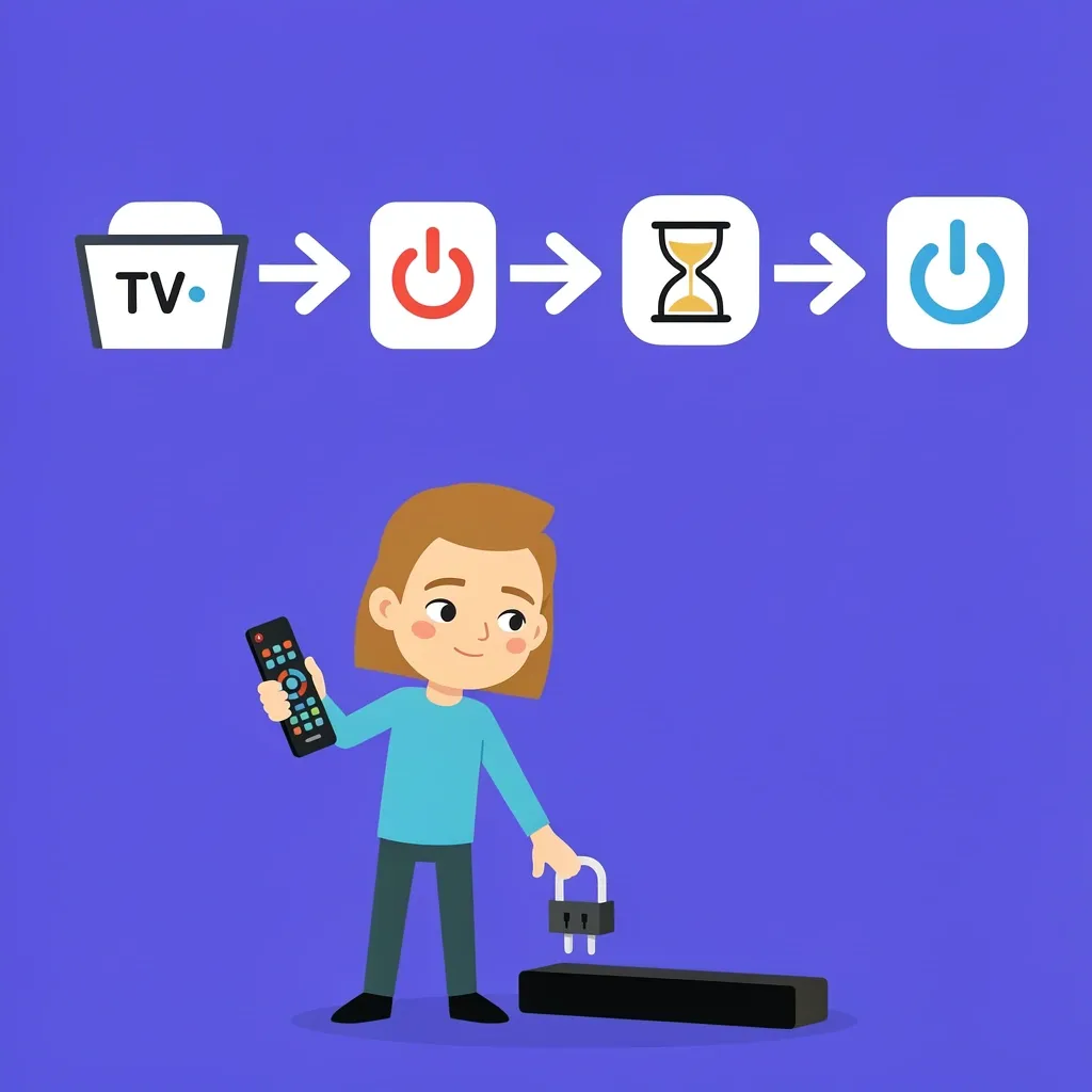 Illustration showing the 5-second CEC reset trick with sequence icons and a character unplugging the soundbar