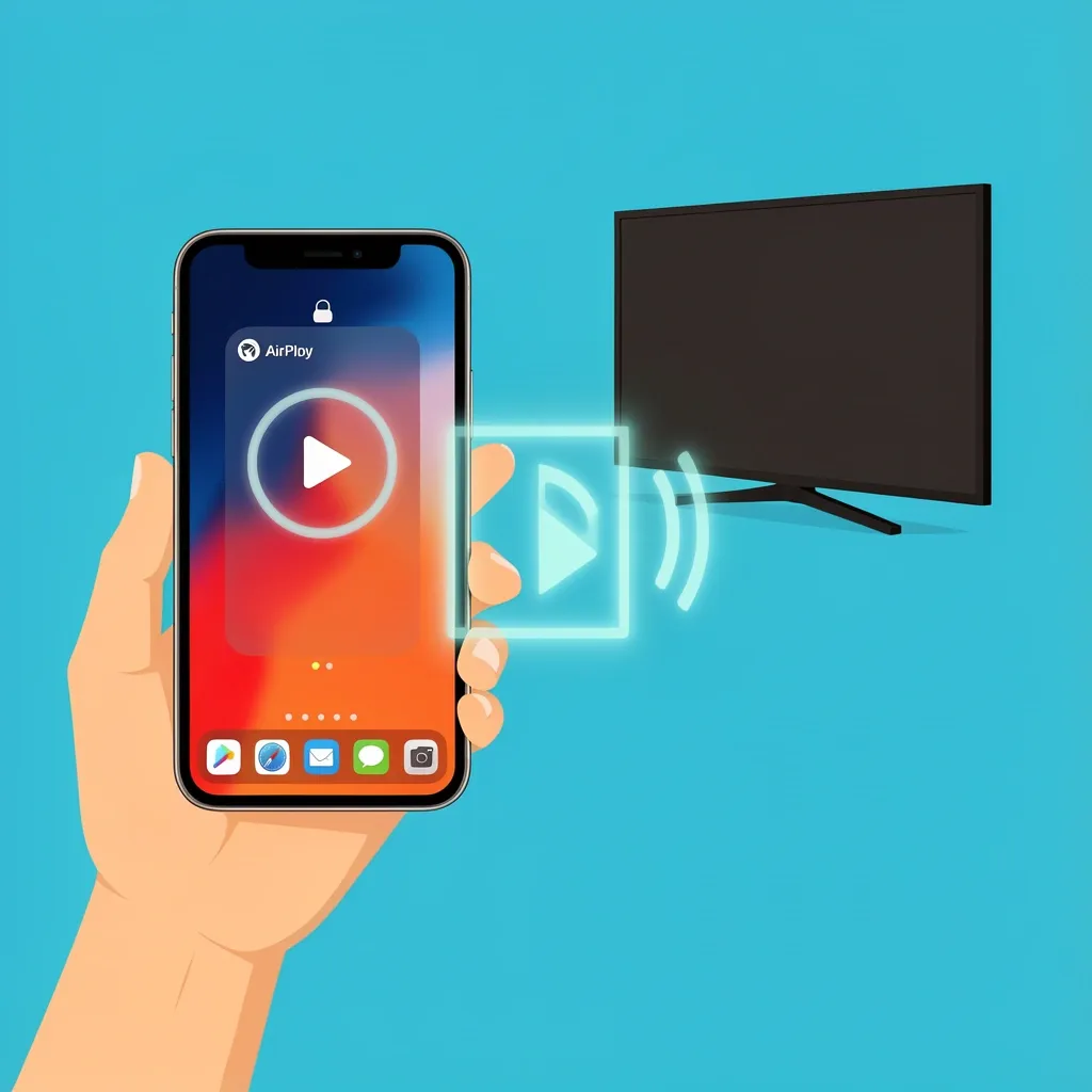 Illustration of using AirPlay on an iPhone to mirror the screen to a VIZIO TV.