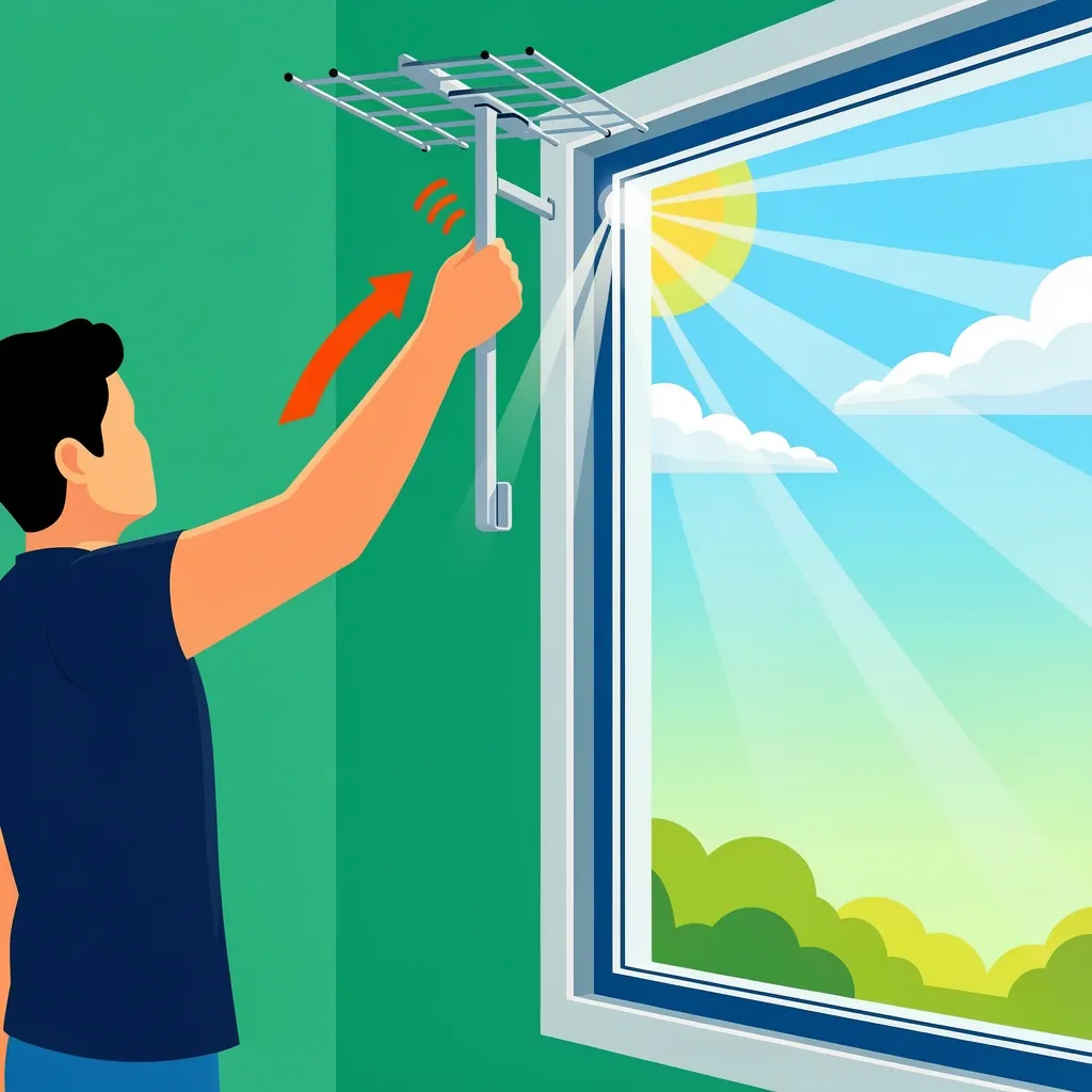 Adjust antenna placement for better signal Person moving flat antenna toward window to improve signal reception