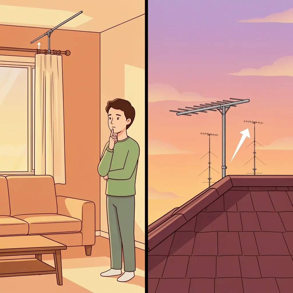 Split view of indoor antenna near window and outdoor antenna on roof with arrows indicating optimal placement and direction