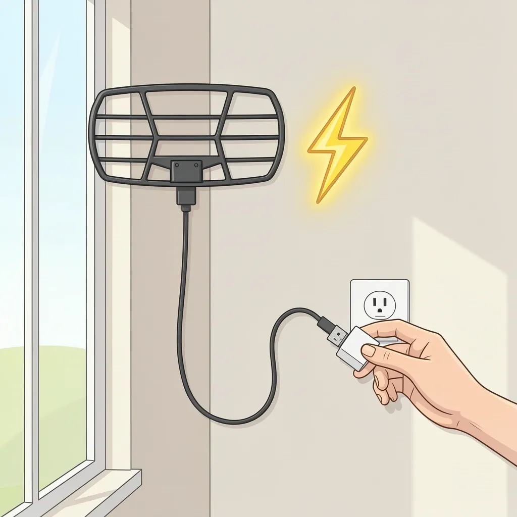 Indoor flat antenna on window with USB power cable plugged into wall outlet and lightning bolt icon