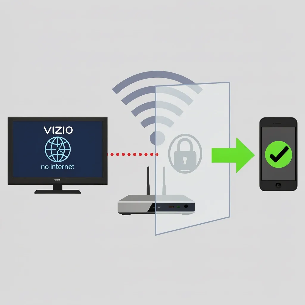 AP isolation effect on Vizio TV internet Illustration showing router with AP isolation enabled: a locked wall blocks Vizio TV's internet access while smartphone works fine.