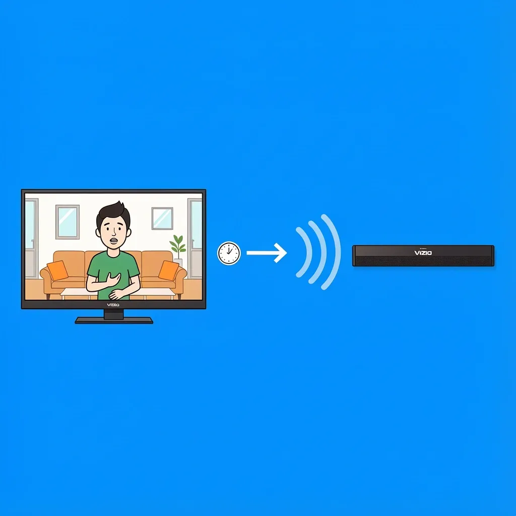 Illustration of audio delay between a TV showing lip movement and a Vizio soundbar, with a clock and arrow highlighting the lag gap.