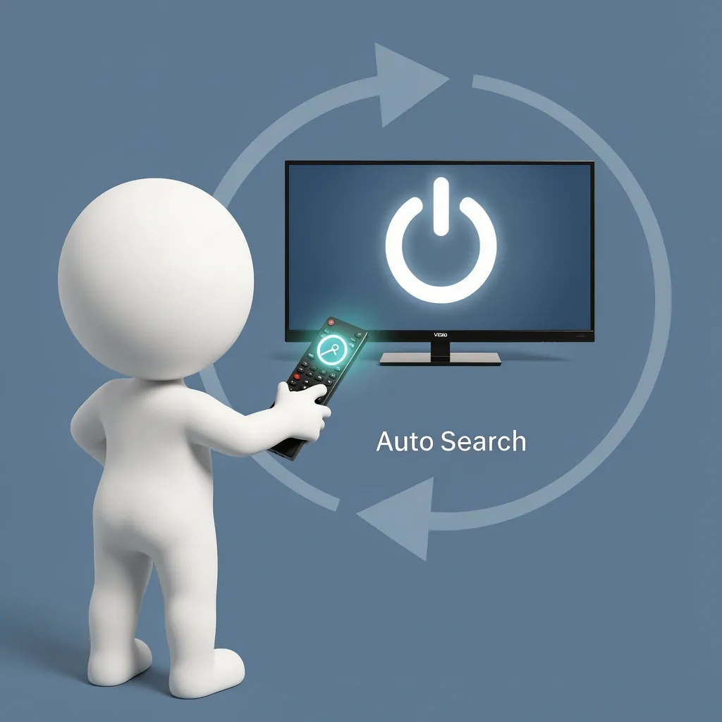 Illustration of auto-code search method with magnifying glass on remote and TV turning off