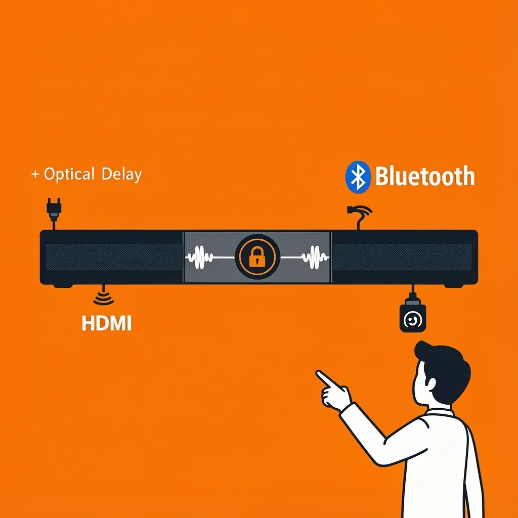 Vector illustration of a Vizio soundbar showing AV delay applied equally to HDMI, optical, and Bluetooth inputs.