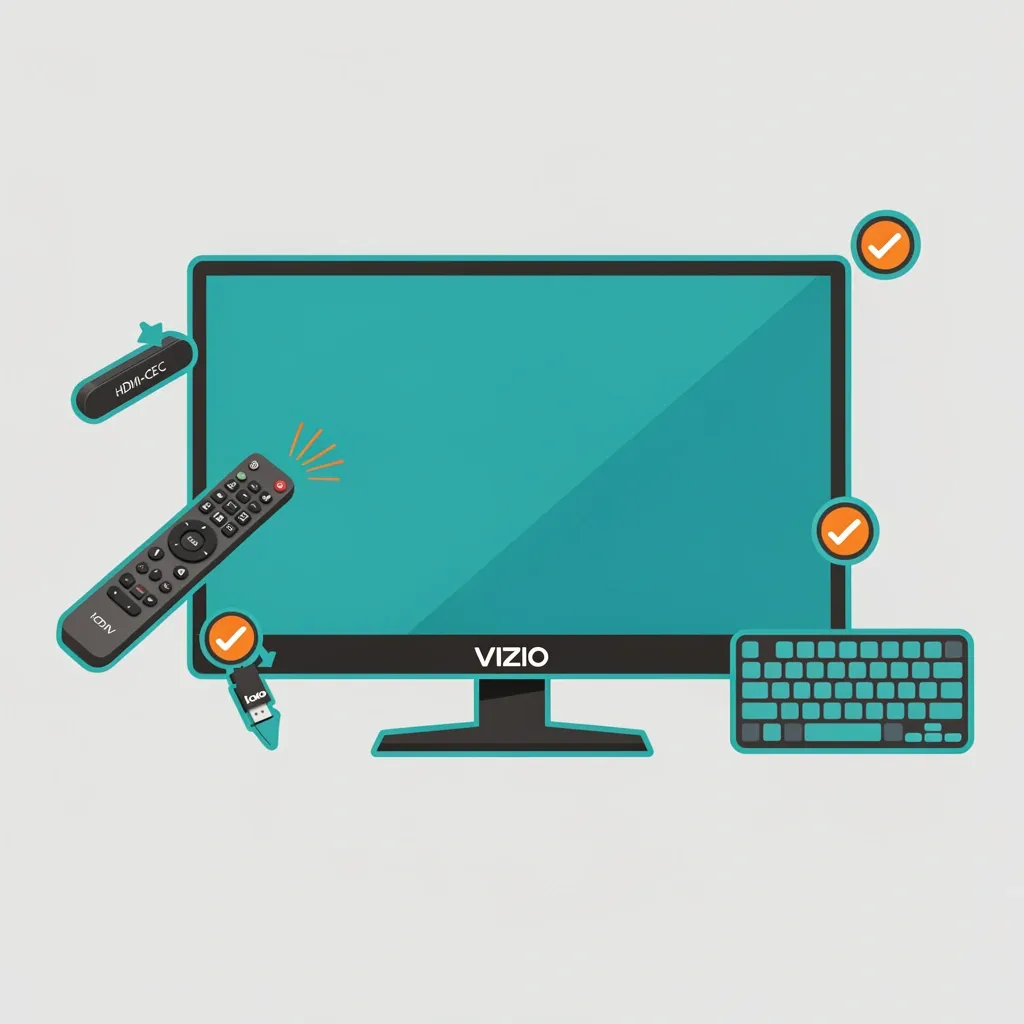 Three backup devices around a Vizio TV: universal remote, HDMI-CEC stick, and USB keyboard