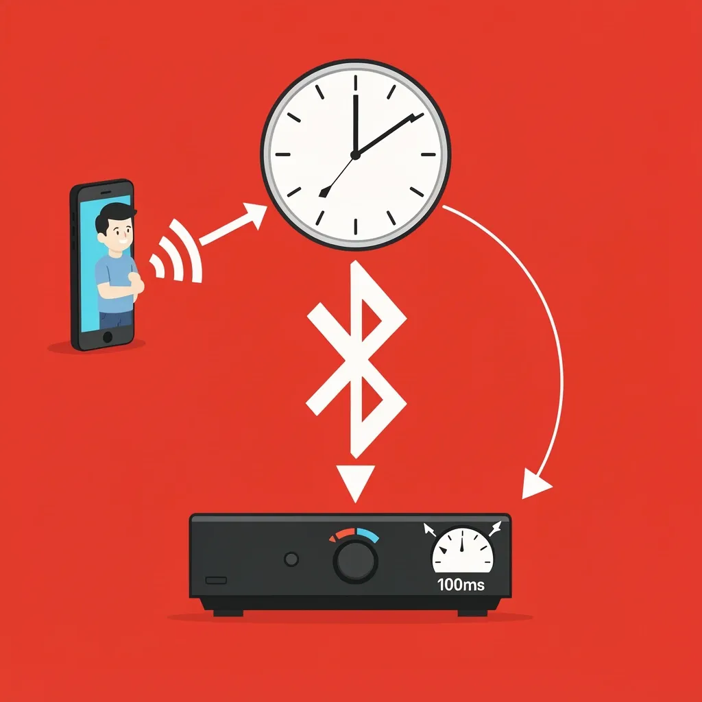 2D illustration showing a smartphone connected to a soundbar via Bluetooth, with a clock indicating 200ms lag and a soundbar dial limited to 100ms adjustment.