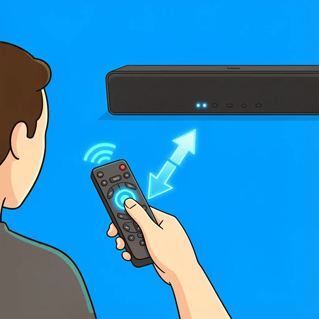 Faceless person pressing Bluetooth button on Vizio remote to initiate pairing with soundbar