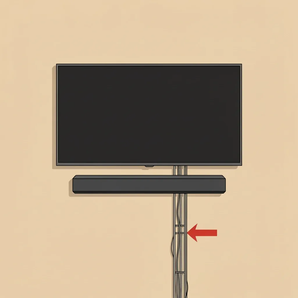 Illustration showing a cable raceway hiding power and audio cables from a wall-mounted Vizio soundbar