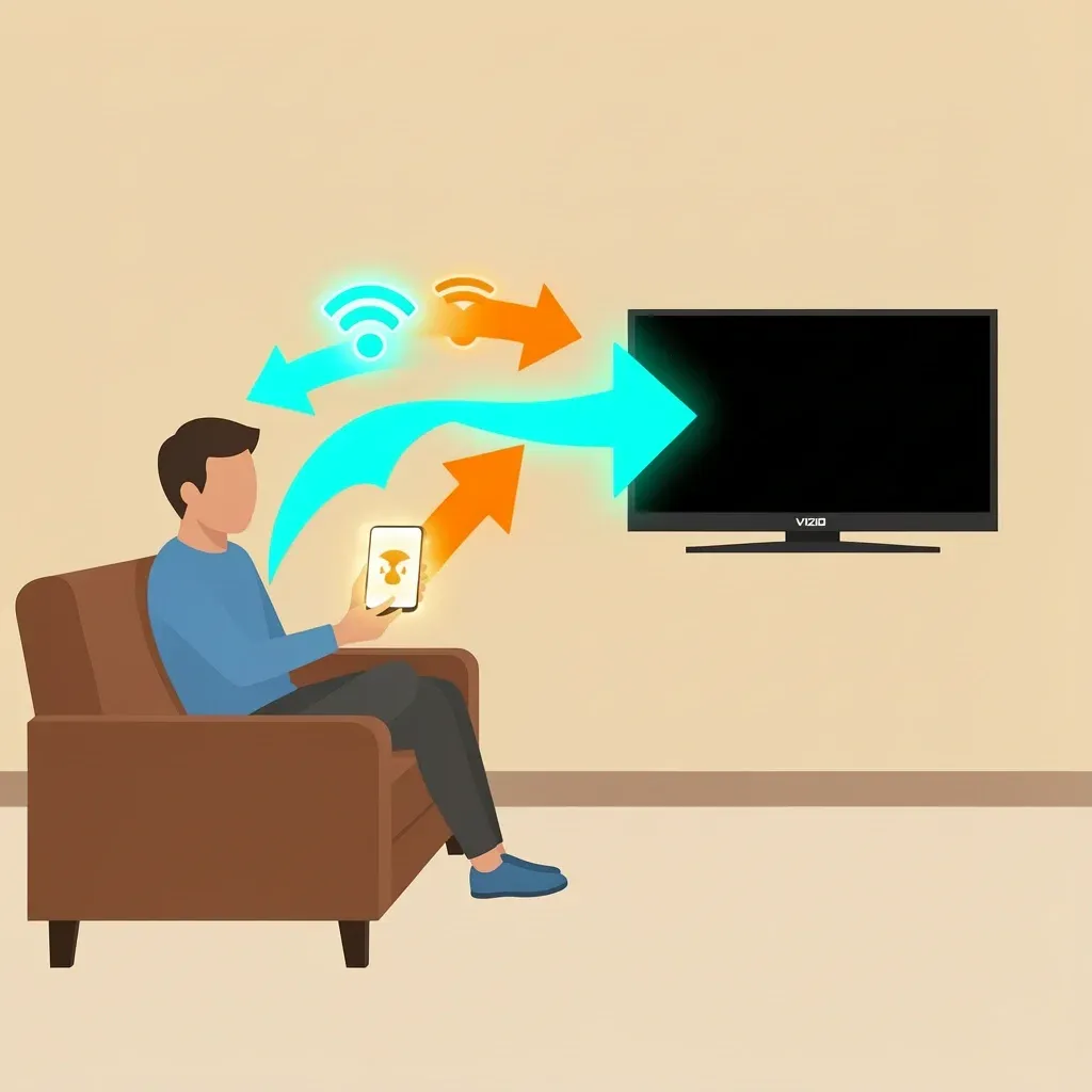 Illustration of casting from smartphone to Vizio TV with arrows showing content flow