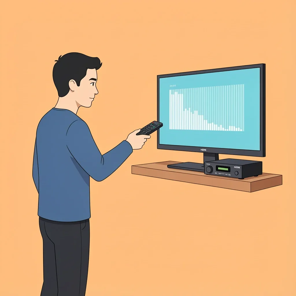Illustration of a person using a tuner box remote to run a channel scan on an external HDMI tuner.