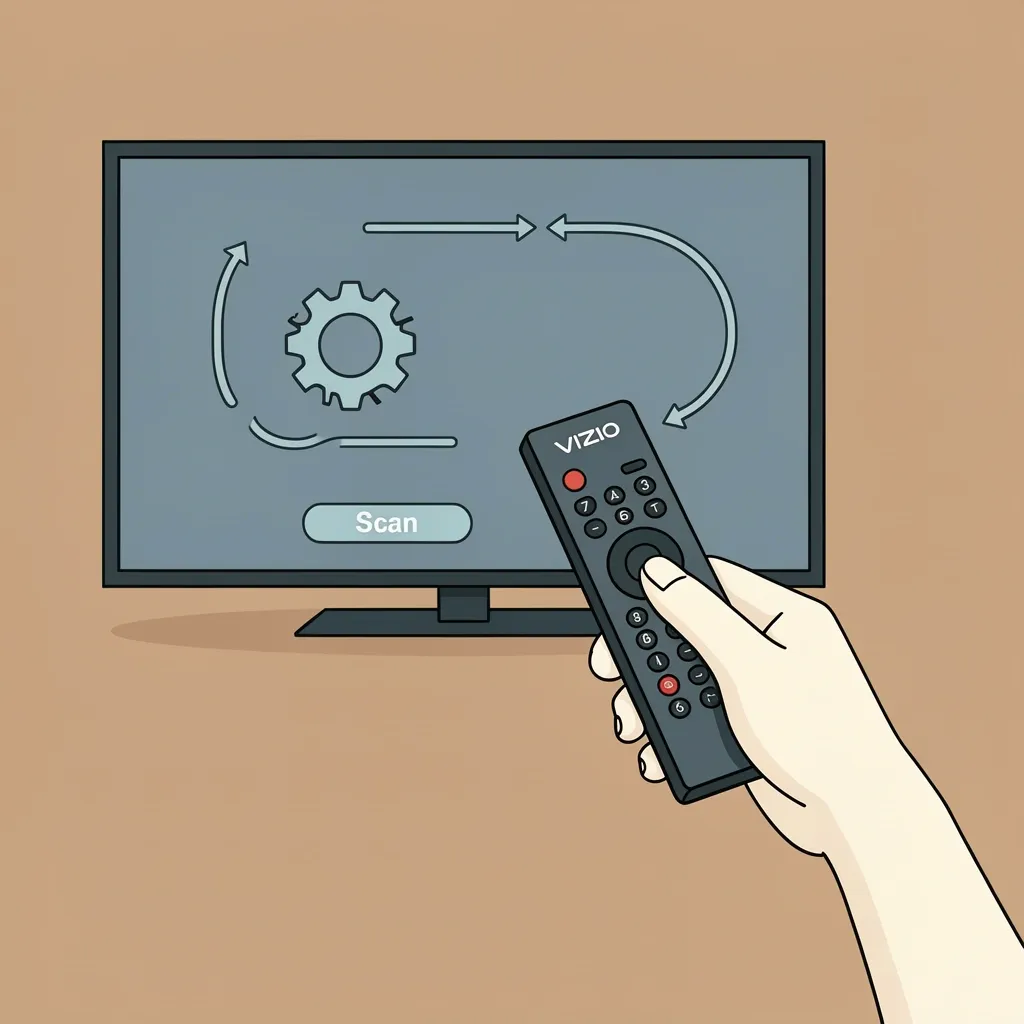 Illustration of a person using a Vizio remote to run a channel scan on a TV with a built-in tuner.
