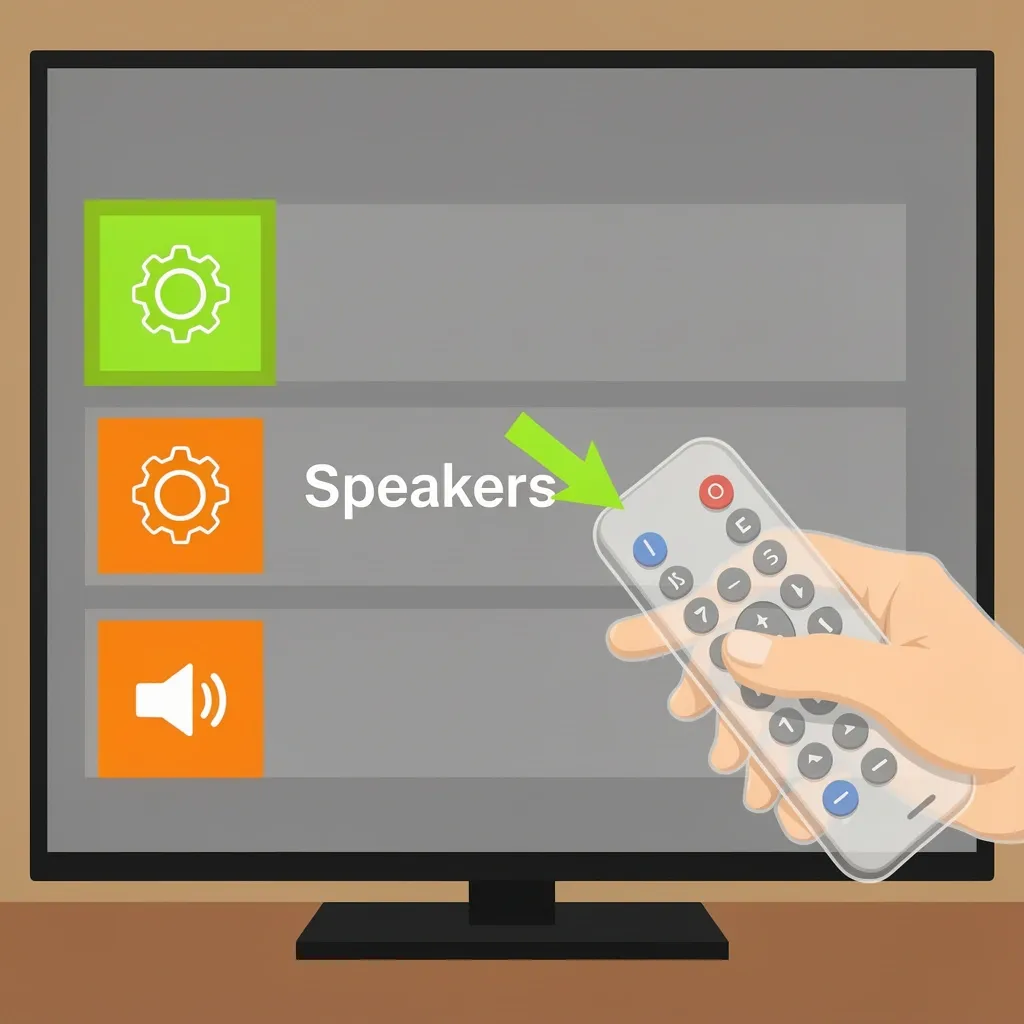Hand pointing remote control at TV settings menu with speaker icon highlighted to check audio output setting