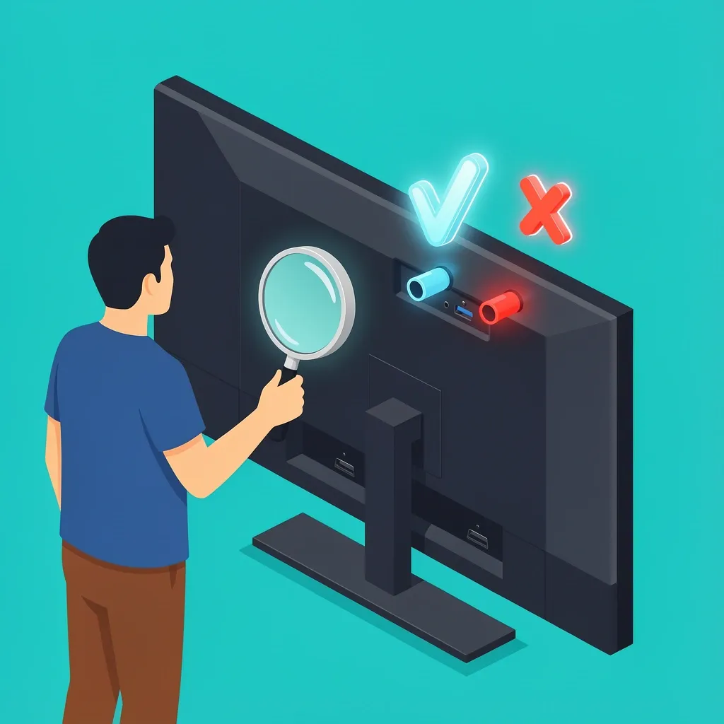 Illustration of a person inspecting the back of a Vizio TV ports with a magnifying glass, highlighting the coaxial tuner port.