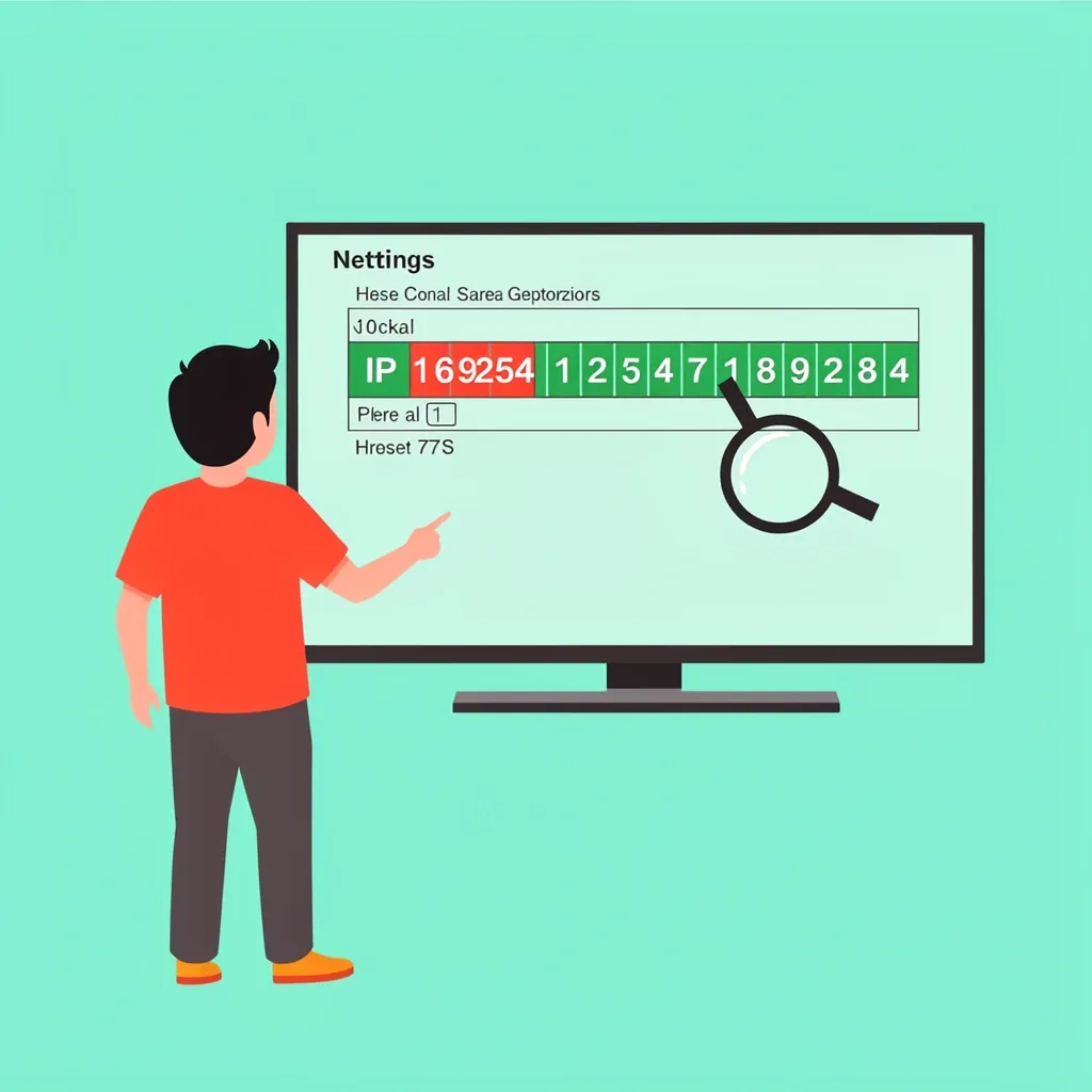 Checking Vizio TV IP address for 169.254 error Person pointing at Vizio TV screen showing an IP address with a red highlighted 169.254 value, indicating a DHCP failure.