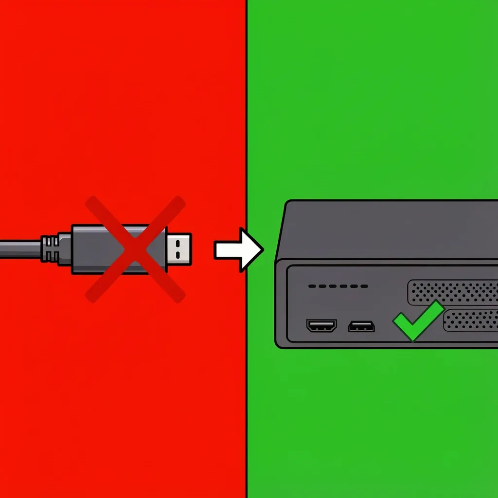 Coaxial to HDMI adapter trap warning Red X over coaxial-to-HDMI adapter and green checkmark over proper converter box