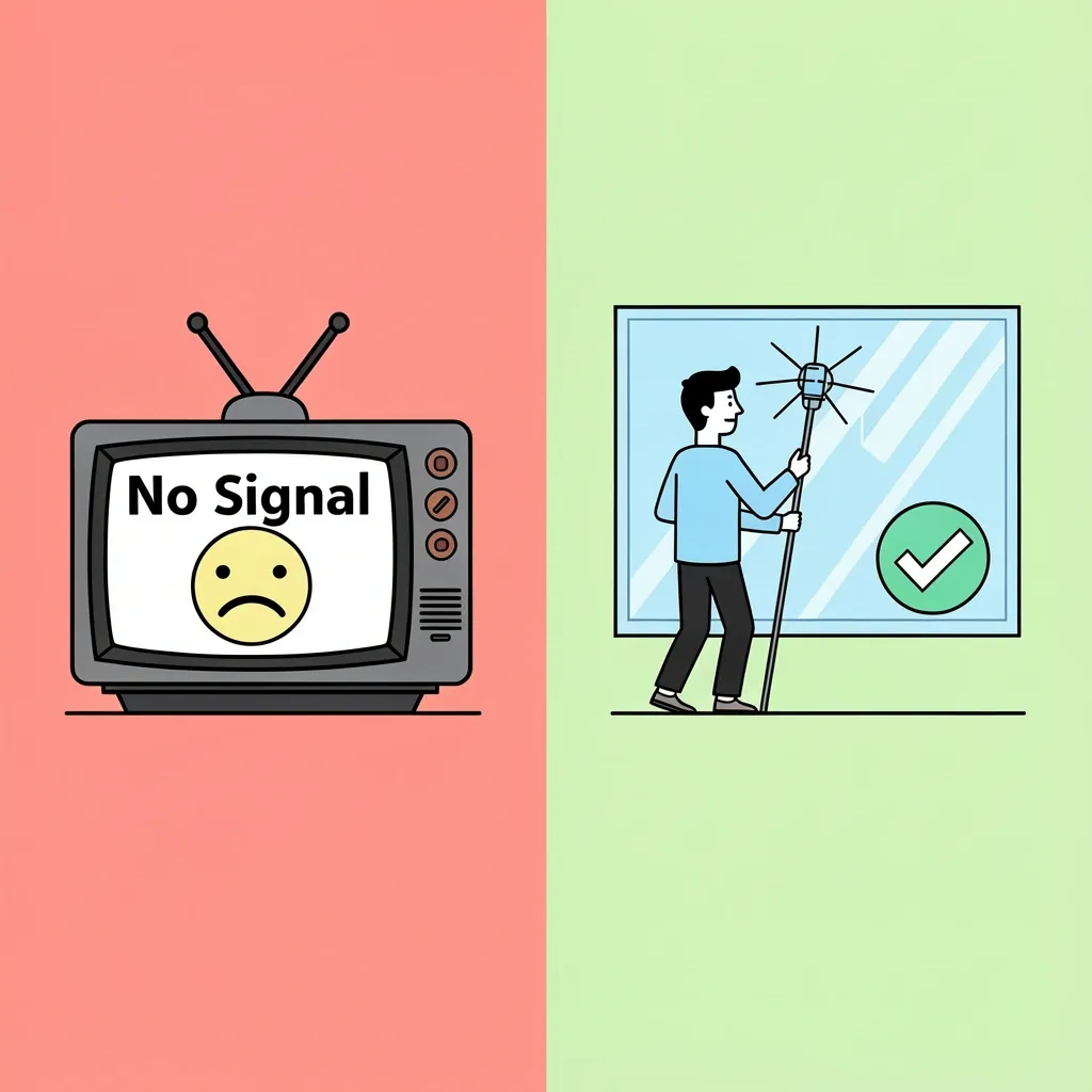 Illustration showing a 'No Signal' problem on a TV and the solution of repositioning the antenna near a window.