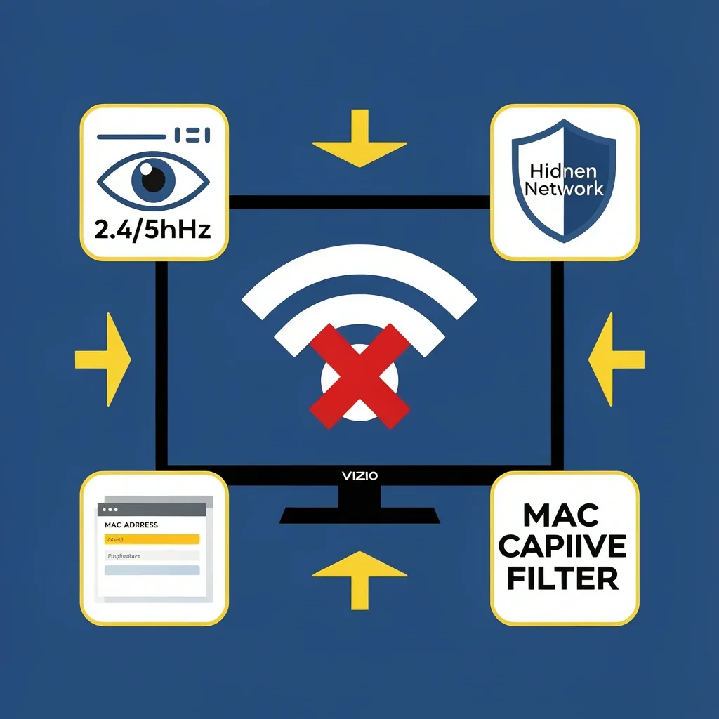 Vizio TV with Wi-Fi error surrounded by icons representing 5GHz band, hidden SSID, MAC filtering, and captive portal