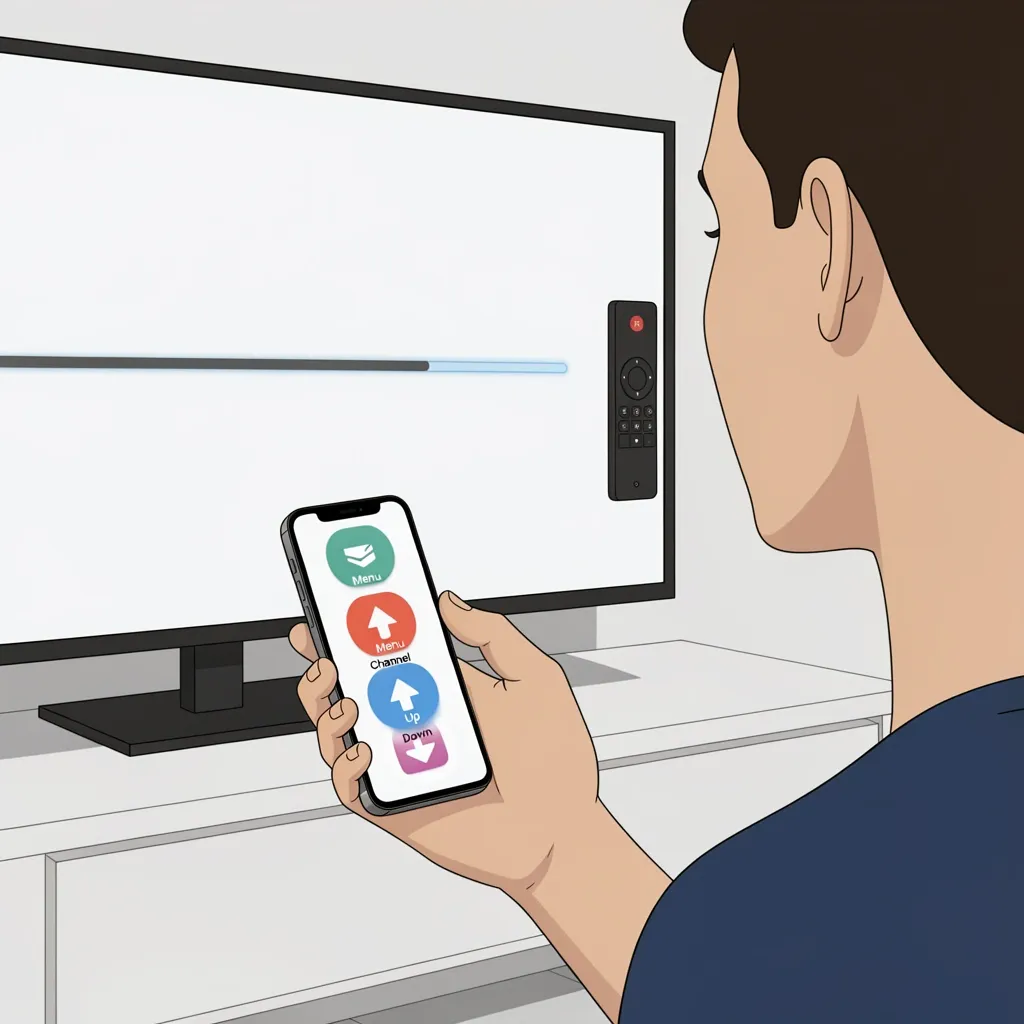 Person using smartphone app as remote control to set up antenna on Vizio TV with channel scan progress