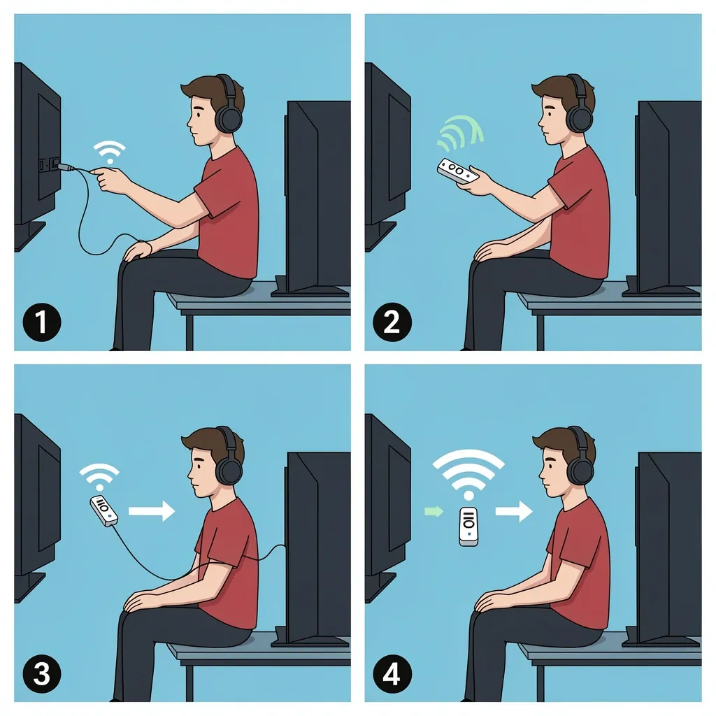 Bluetooth Adapter Pairing Steps for Vizio TV Step-by-step illustration of connecting a Bluetooth adapter to a Vizio TV and pairing wireless headphones