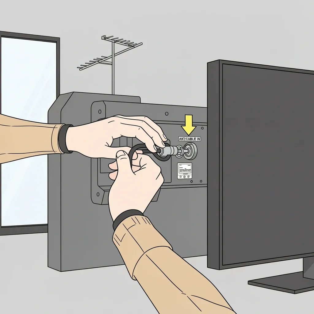 Step-by-step illustration of hands connecting a coaxial cable to the ANT/CABLE IN port on a Vizio TV.