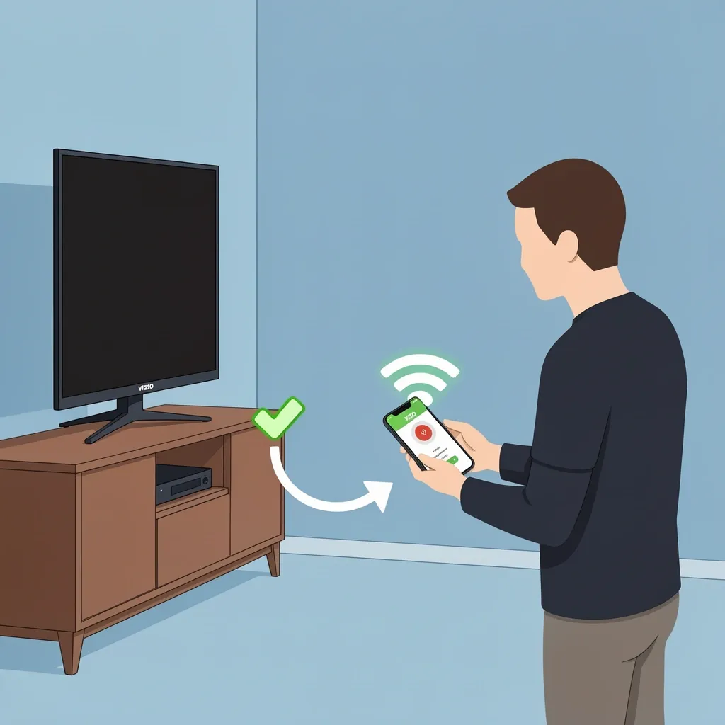 Person using physical buttons on side of Vizio TV while holding smartphone with remote app, indicating connection method without original remote