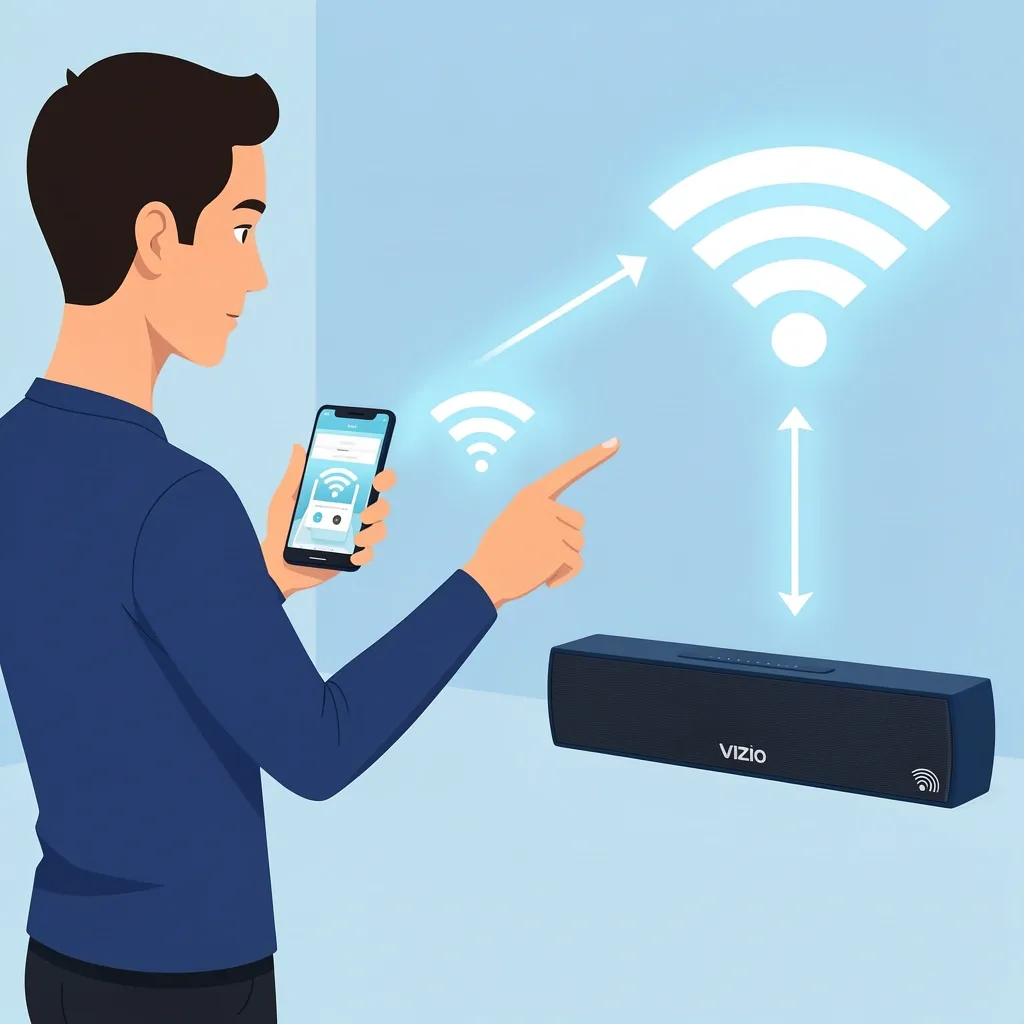 Person connecting smartphone and Vizio soundbar to same Wi-Fi router for app setup