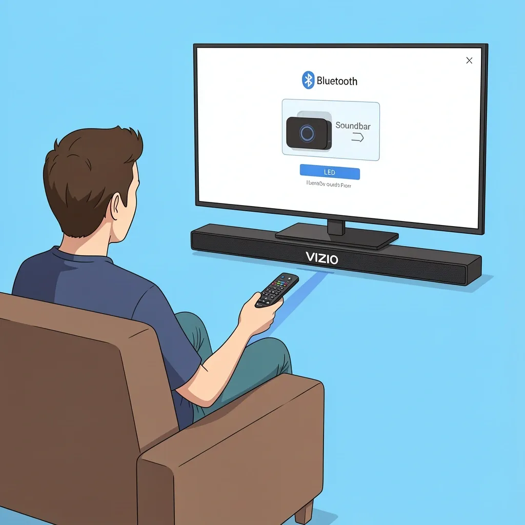 User connecting Vizio soundbar to smart TV via Bluetooth settings on screen