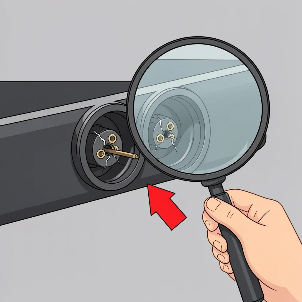 Close-up of a damaged barrel connector on a Vizio sound bar showing a bent pin and crack, with a hand and magnifying glass inspecting it