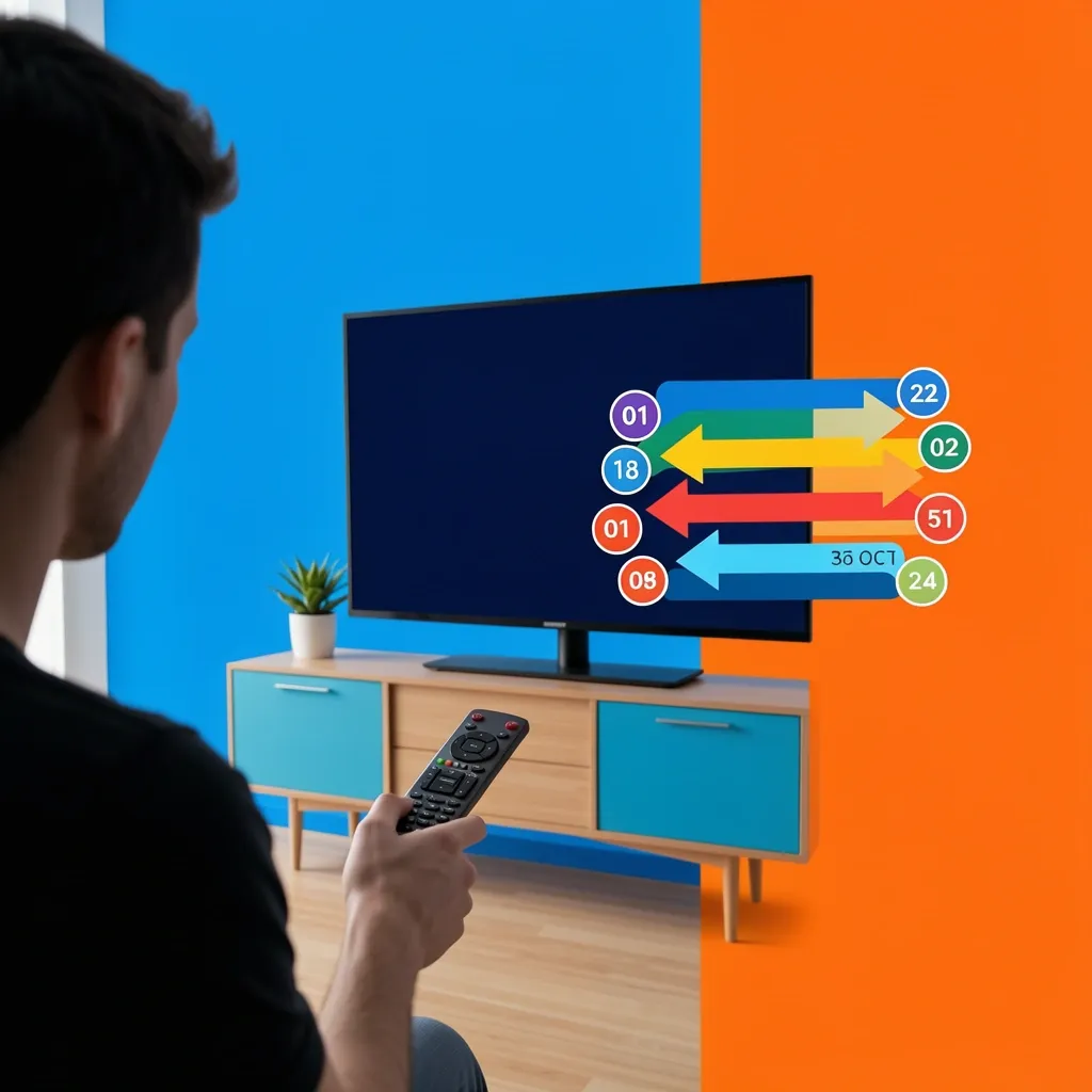 Person programming DIRECTV remote with VIZIO TV on screen showing menu arrows