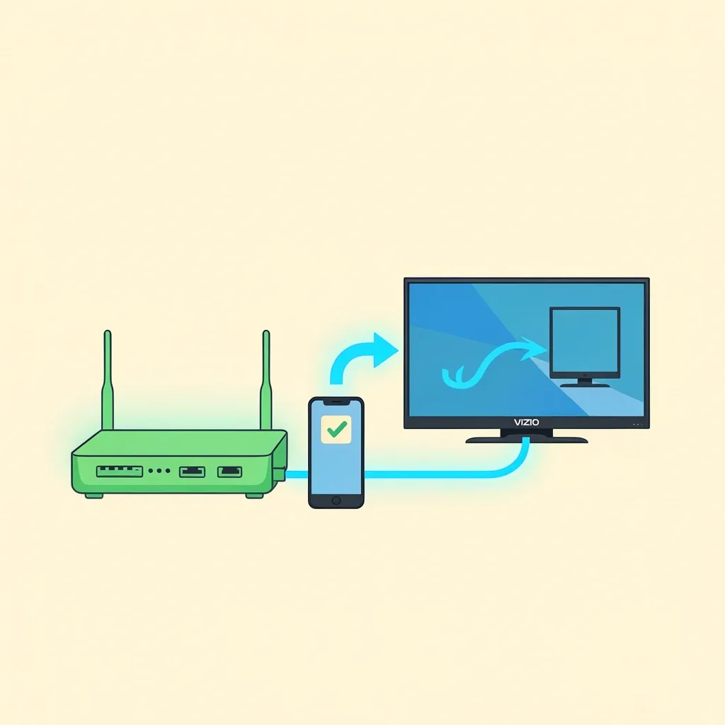 Router connected to Vizio TV via Ethernet cable with smartphone showing successful detection