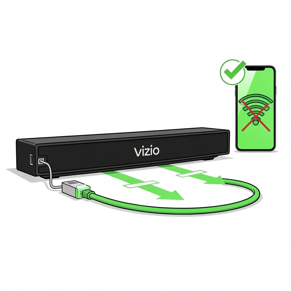 Ethernet adapter plugged into Vizio soundbar USB port to fix app connectivity issues