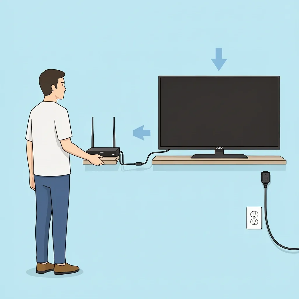Illustration of connecting an antenna to an external HDMI tuner box and then to a Vizio TV.
