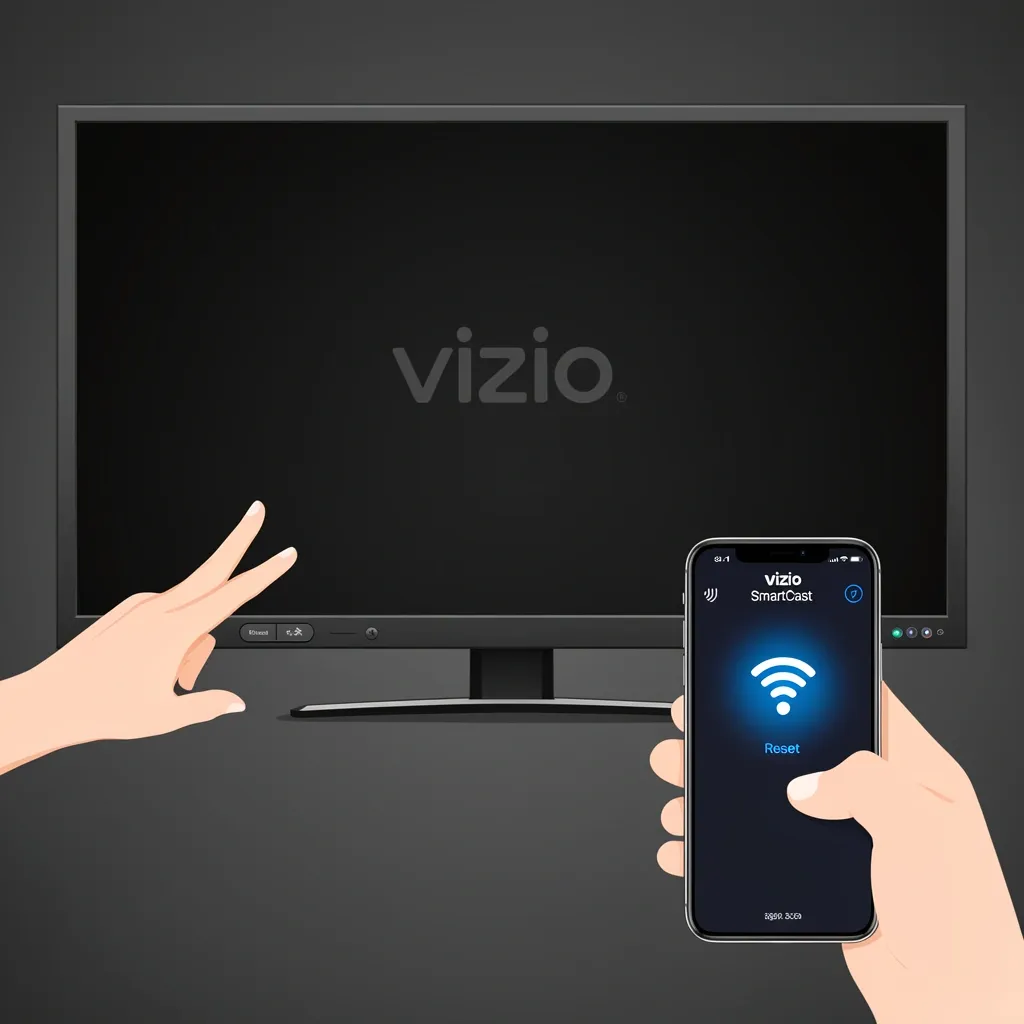 Hands pressing TV buttons and using smartphone app to reset a Vizio TV with black screen