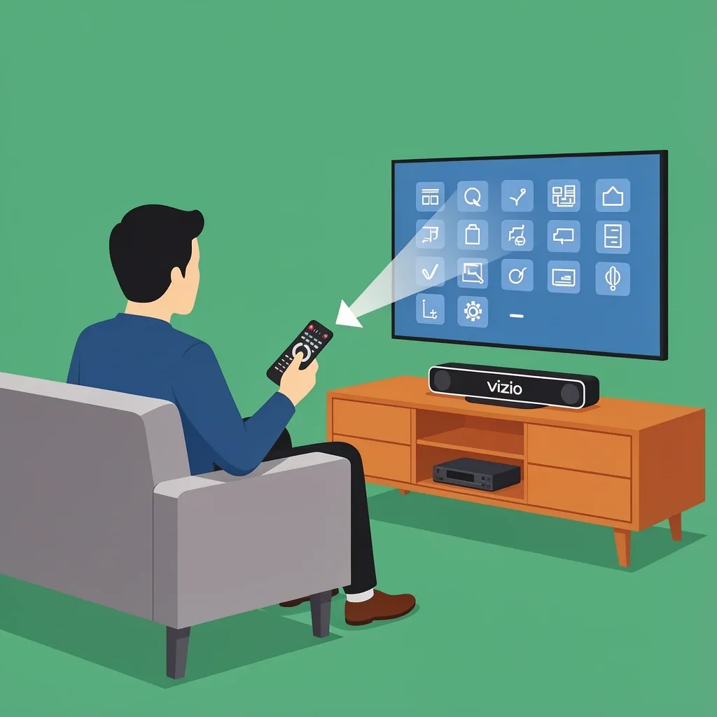 Person on couch pointing a streaming remote at a Vizio sound bar while a TV shows a setup menu, illustrating the fake TV hack