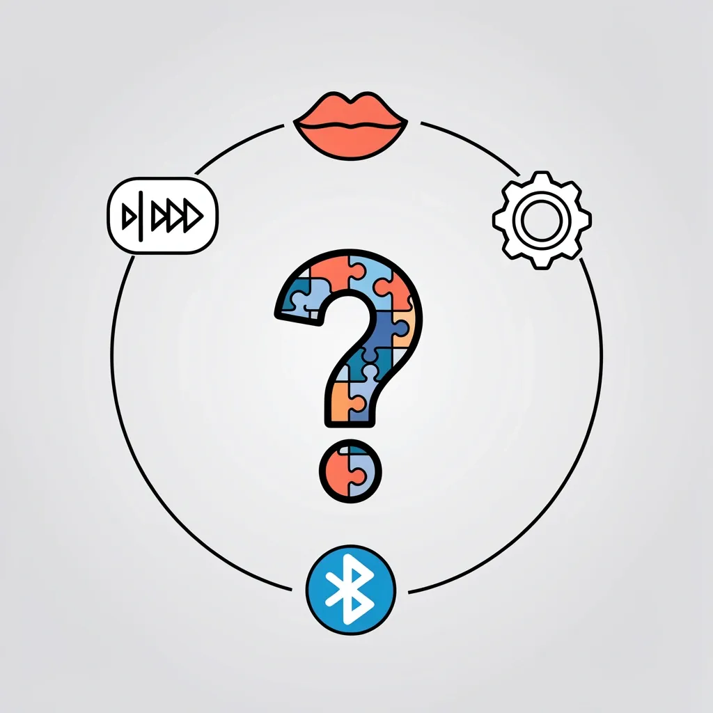 Vector illustration with a puzzle question mark and icons representing lip sync, settings, Bluetooth, and reset for Vizio soundbar FAQs.