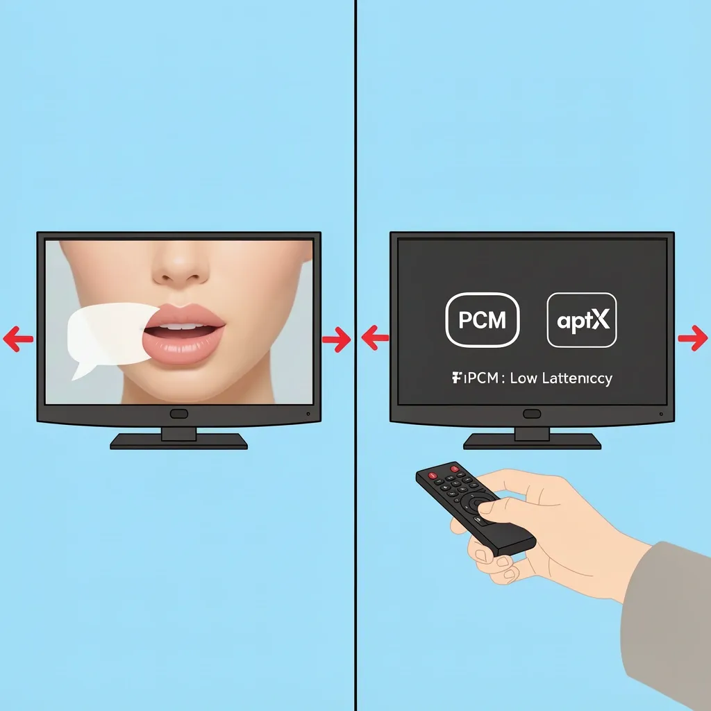 How to Fix Bluetooth Audio Delay on Vizio TV Comparison illustration of audio delay before and after fixing with PCM and aptX Low Latency settings on a Vizio TV