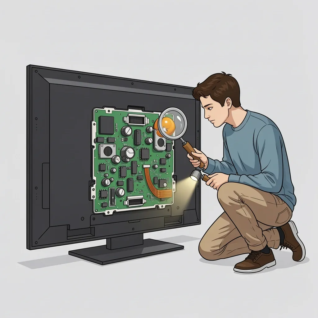 Person inspecting opened back panel of a smart TV with flashlight and screwdriver to diagnose hardware issues like bulging capacitors