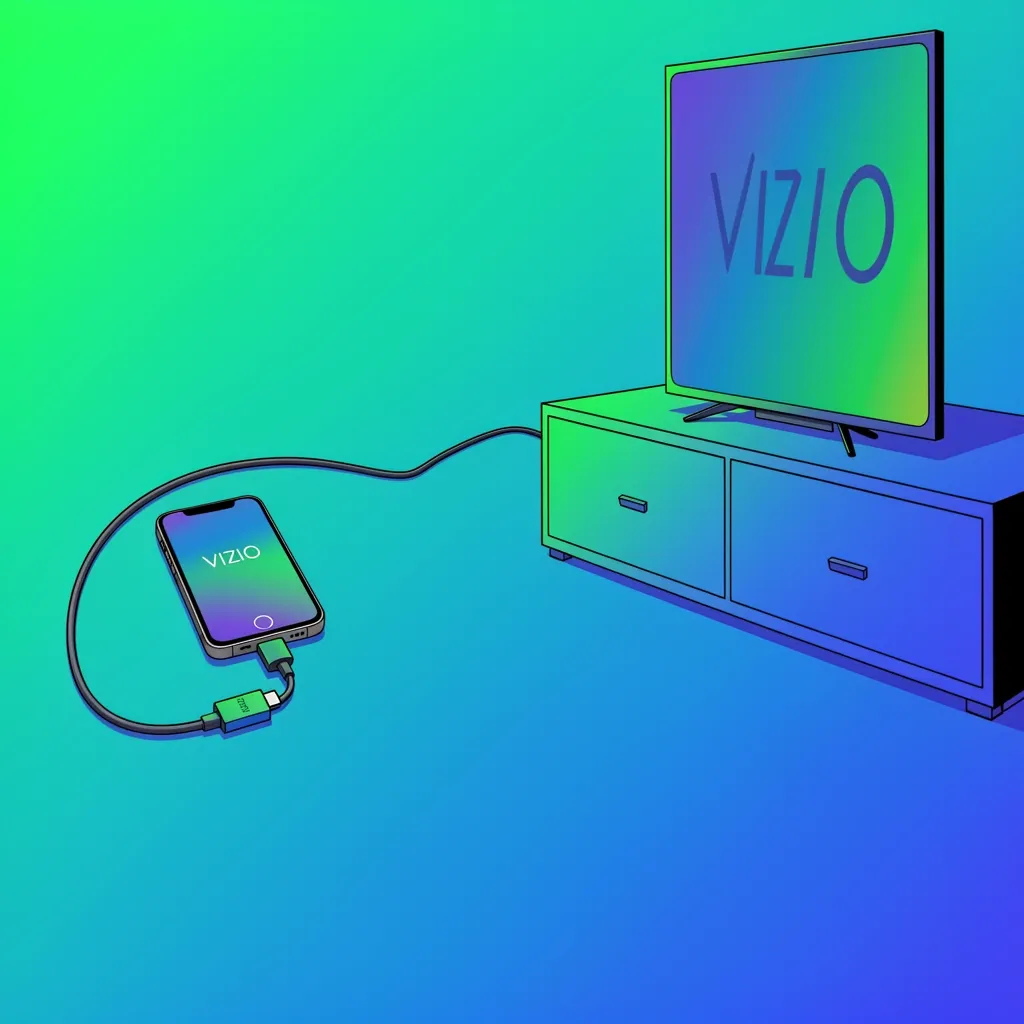 Illustration of a smartphone connected to a VIZIO TV using an HDMI adapter for screen mirroring.