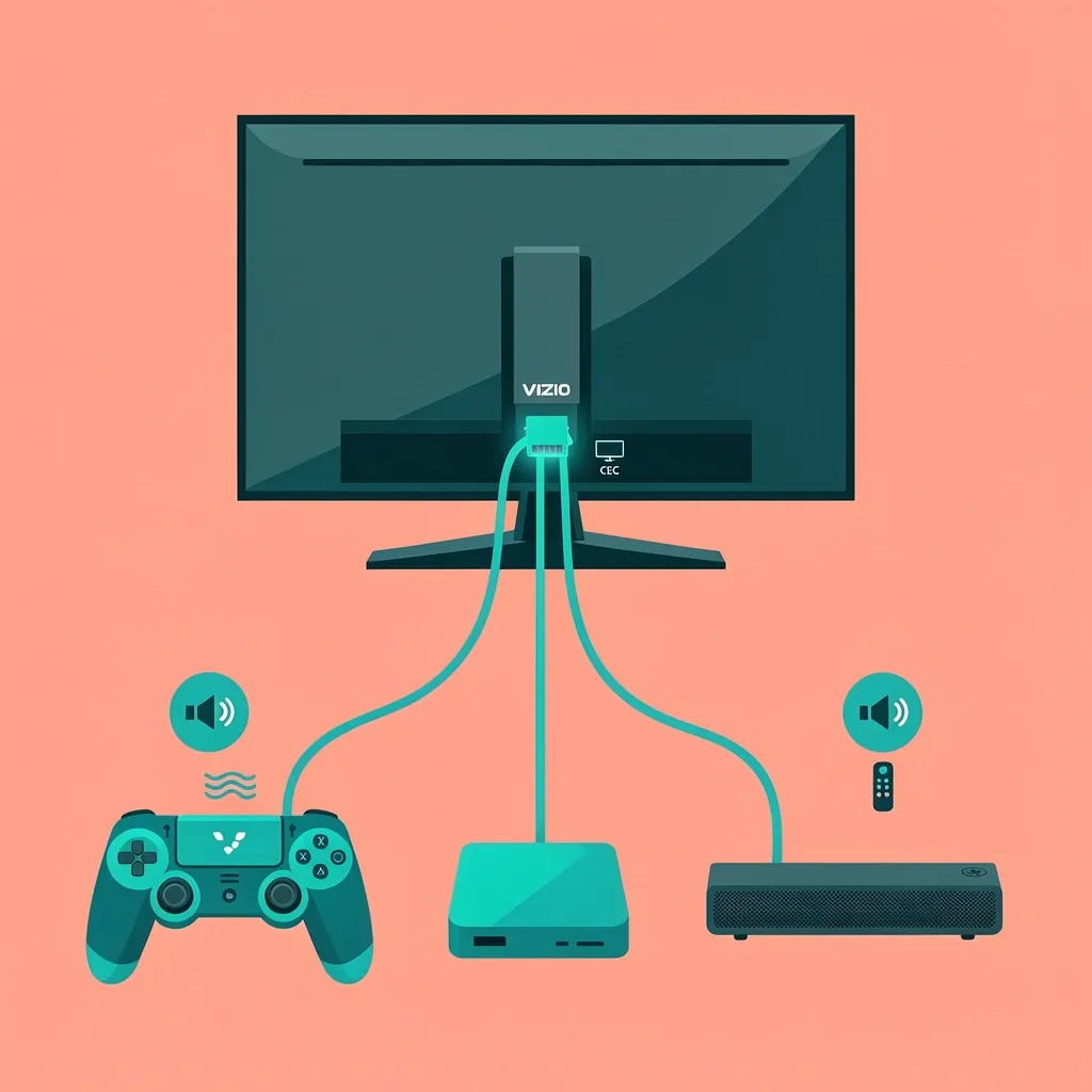 Illustration of a Vizio TV connected via HDMI to a game console, streaming box, and soundbar, with remote icons showing volume control is transferred through HDMI-CEC.