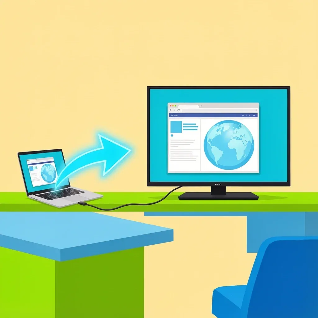 Laptop connected to Vizio TV via HDMI cable for full desktop web browsing