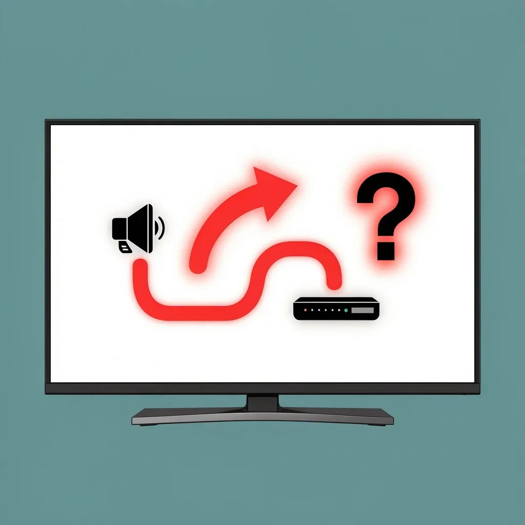 Abstract illustration of audio output routing paths from a smart TV to internal speakers and external soundbar with a question mark over hidden routing