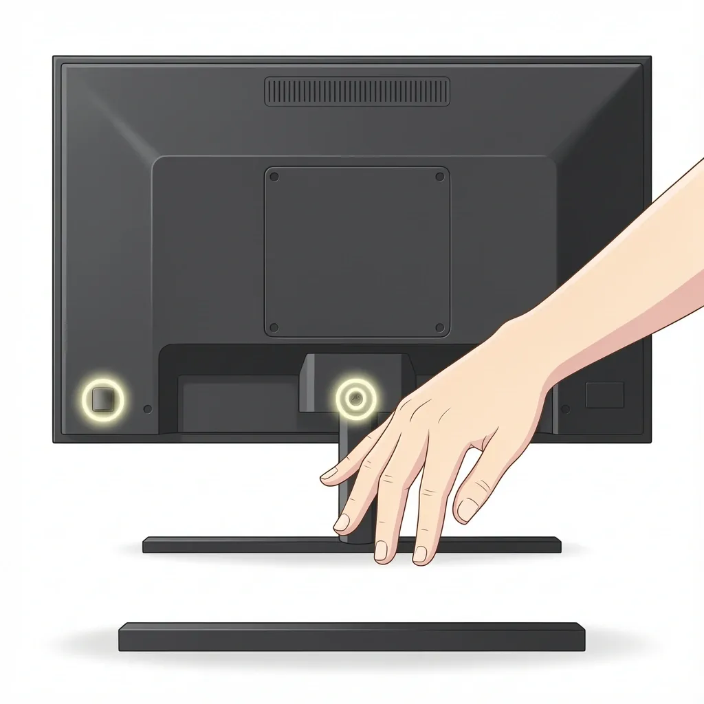 Person reaching behind and under Vizio TV to find hidden physical buttons and controls