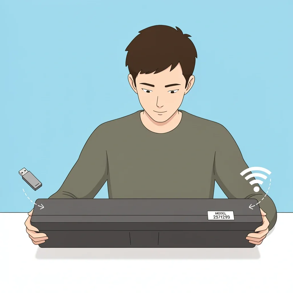 Person identifying Vizio soundbar model number on bottom sticker with icons for USB and Wi-Fi update methods