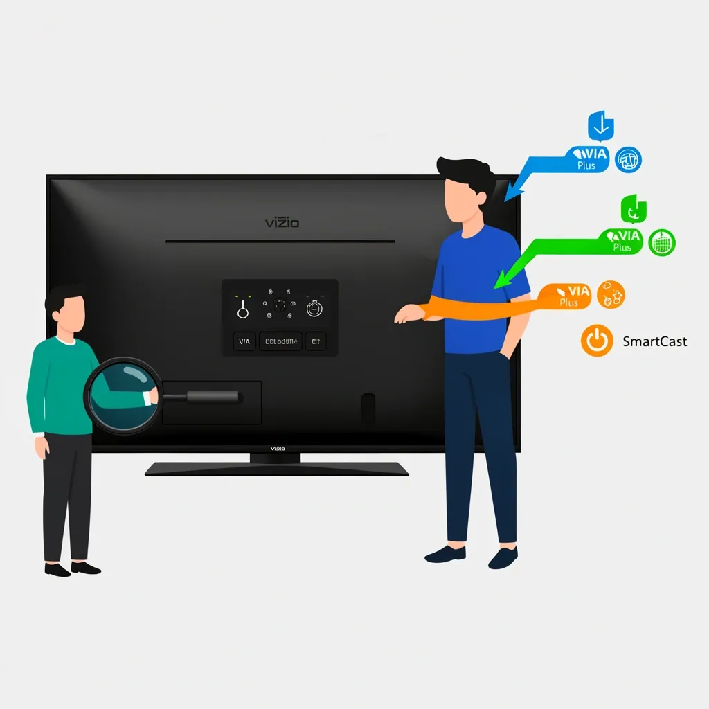 Comparison of physical button layouts on Vizio TV generations VIA, VIA Plus, and SmartCast with magnifying glass