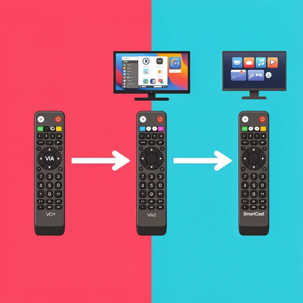 Vizio TV Platform Identification via Remote Illustration showing three different Vizio remotes with VIA, VIA+, and SmartCast buttons corresponding to TV platforms.