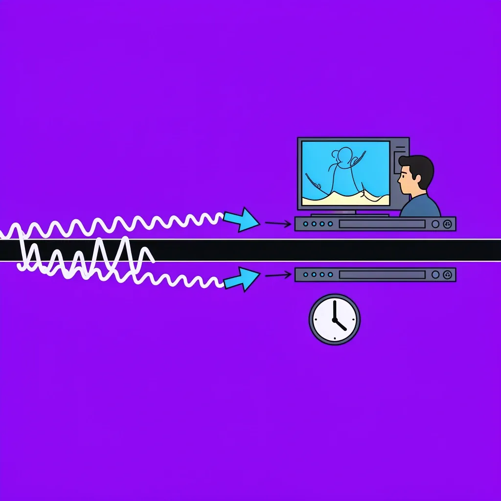 Illustration of a movie scene with drifting audio and video tracks, showing inconsistent sync on a Vizio soundbar.
