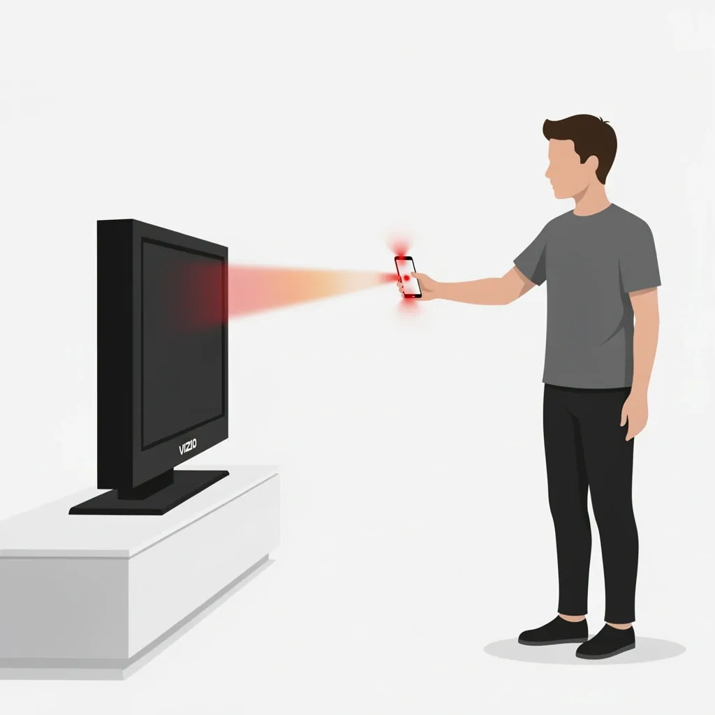 Person pointing smartphone with IR blaster app toward Vizio TV to send infrared remote commands