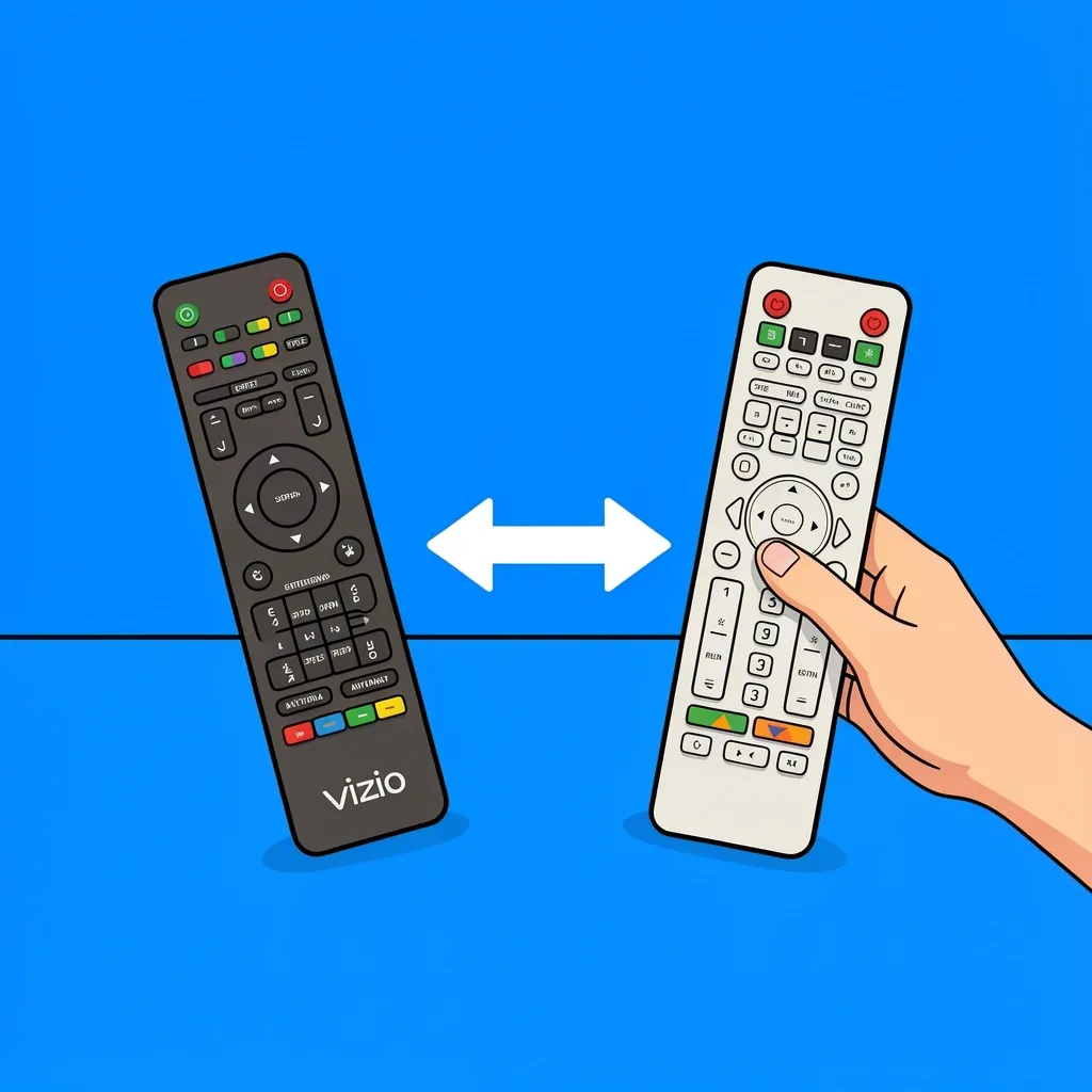 Two remotes facing each other on a table with a hand pressing one, illustrating IR learning mode for Vizio sound bar control