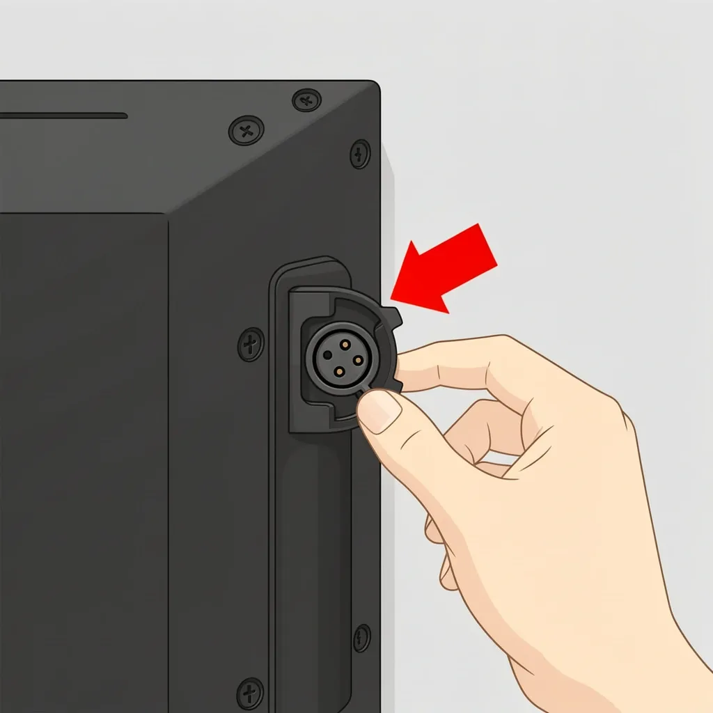 Close-up of Vizio D Series TV back panel showing coaxial antenna input port with cover open and hand pointing